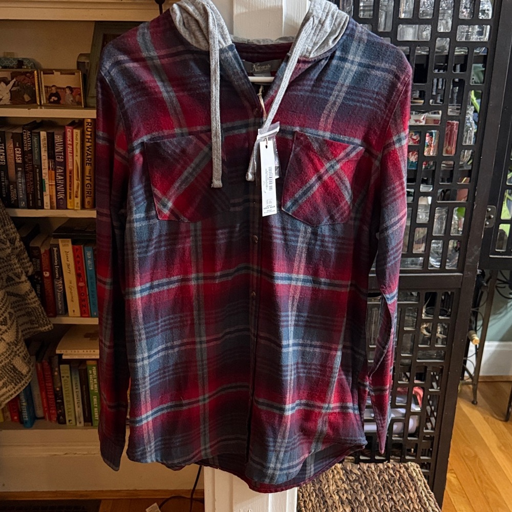 Womans Red and Navy Plaid Hooded Flannel Shirt